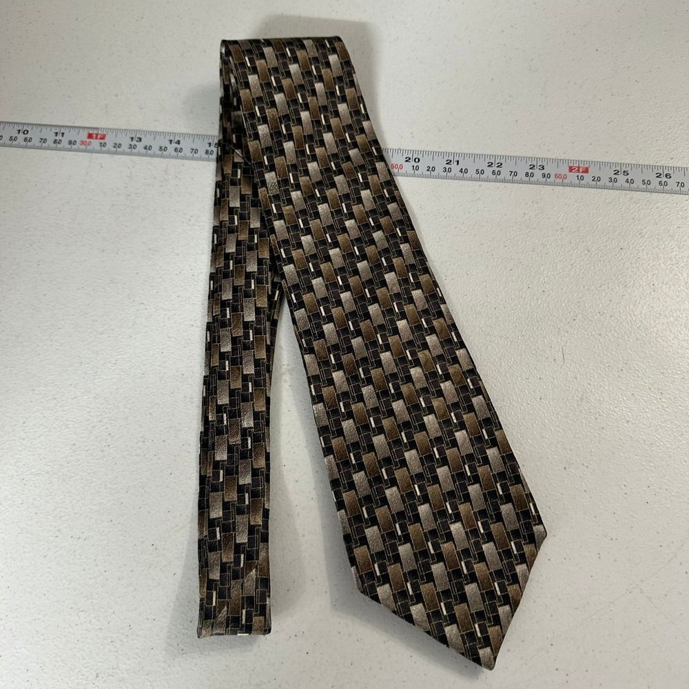Burma Bibas Mens Silk Necktie Brown Bronze Geometric Block Pattern Wide Tie